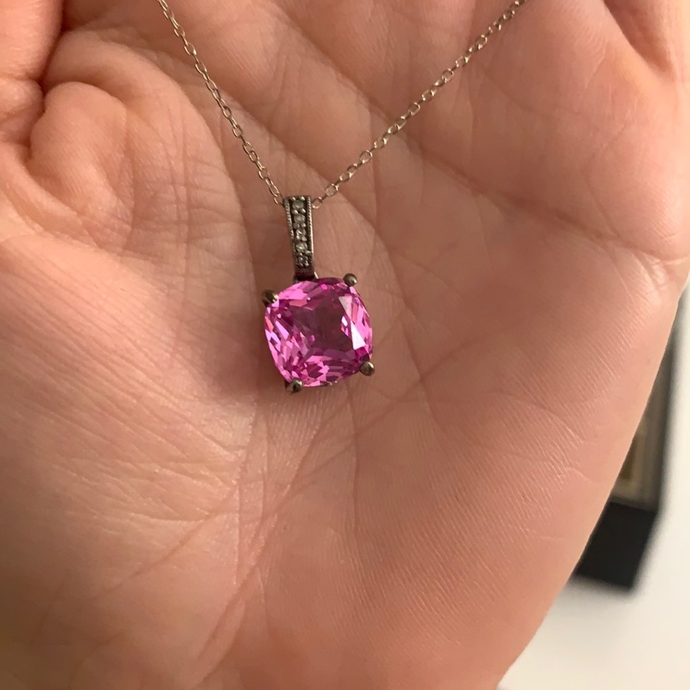 Large pink stone and tiny diamond necklace